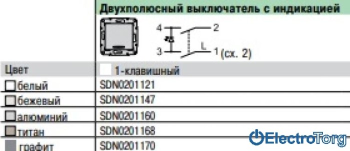 Выключатель 2-х полюсный 1-клавишный 10AX с индикатором модуль слоновая кость Sedna Schneider Electric (Шнайдер Электрик)