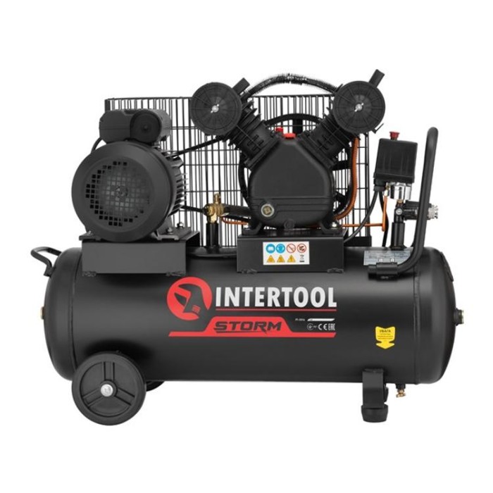купить купить Компрессор 50 л, 3 кВт, 220 В, 10 атм, 500 л/мин, 2 цилиндра INTERTOOL PT-0016  