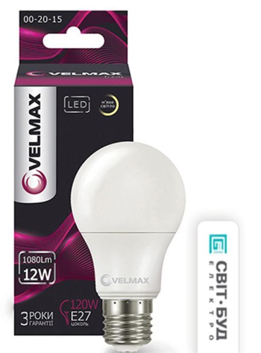 купить купить LED лампа Velmax V-A60, 12W, E27, 3000K, 1080Lm, угол 240 °  