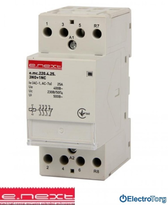 купить купить Модульный контактор e.mc.220.4.25.3NO+1NC, 4р, 25А, 3NO+1NC, 220 В E.NEXT(Енекст)  