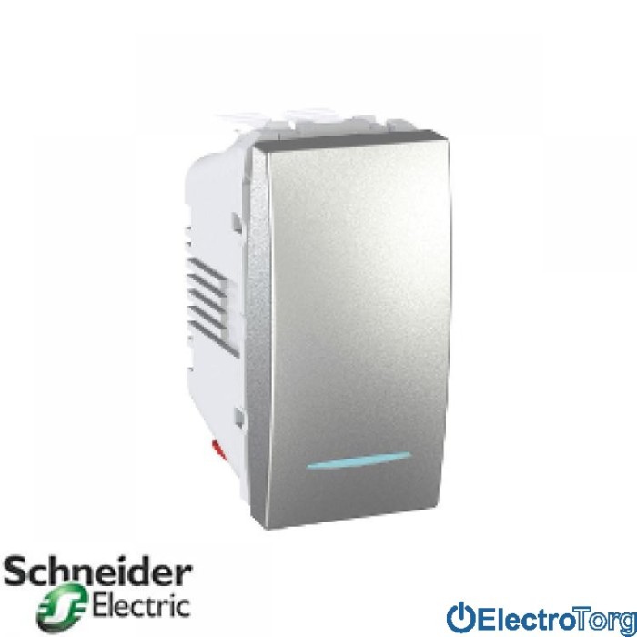 Переключатель перекрёстный 1-клавишный с подсветкой 10AX алюминиевый Unica Schneider