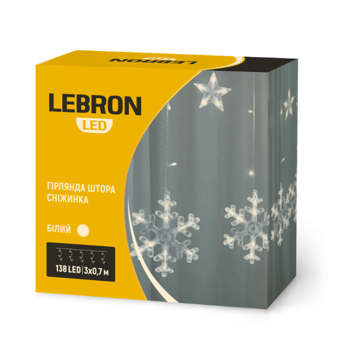 LED гірлянда LEBRON штора 3х0,7м, сніжинка 138LED, біла, IP20