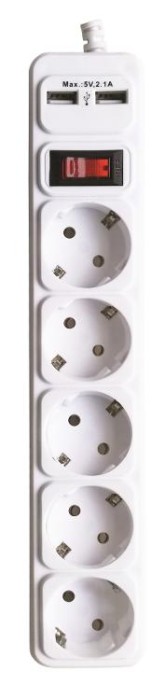 Мережевий фільтр-подовжувач з/з, 5 гнізд, 2 USB, 5м, з вимикачем, MARSO