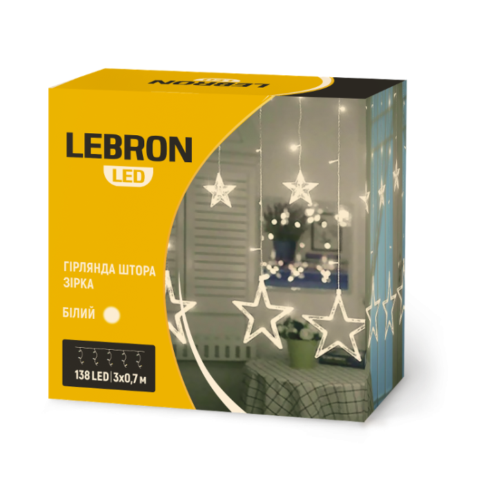 LED гірлянда LEBRON штора 3х0,7м, зірка 138LED, жовта, IP20