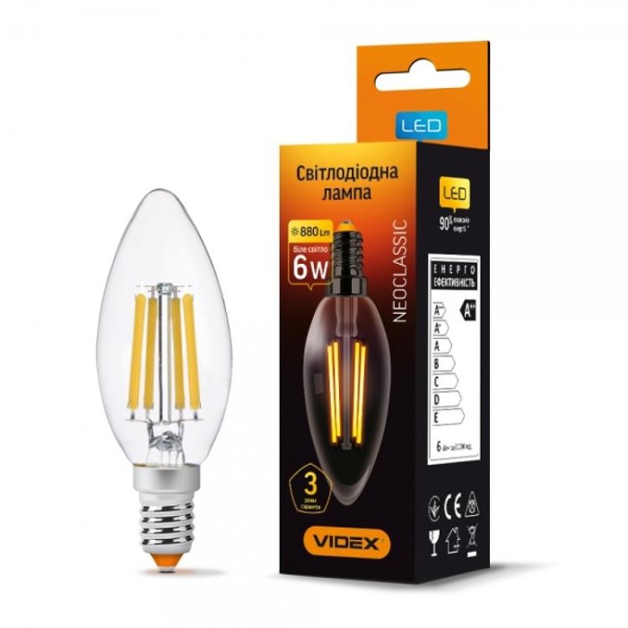 купить купить LED лампа Filament C37F 6W E14 4100K VIDEX  