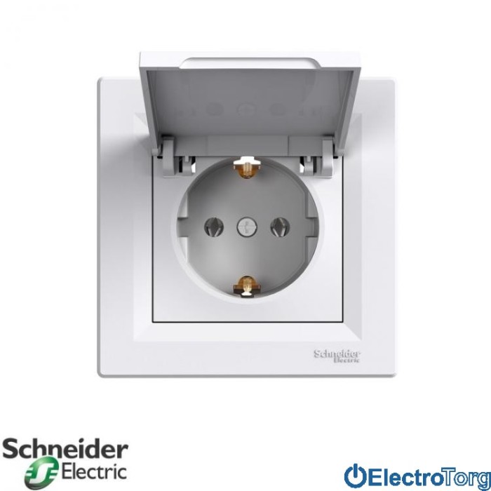 Розетка с заземлением одинарная с крышкой белая Asfora Schneider Electric (Шнайдер Электрик)