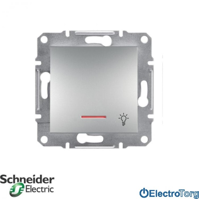 Выключатель кнопочный одноклавишный с подсветкой и символом  &amp;quot;свет&amp;quot; алюминий Asfora Schneider Electric (Шнайдер Электрик)