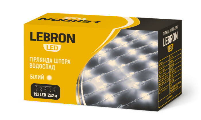 LED гірлянда LEBRON штора водоспад 2х2м, 192LED, жовта, IP20
