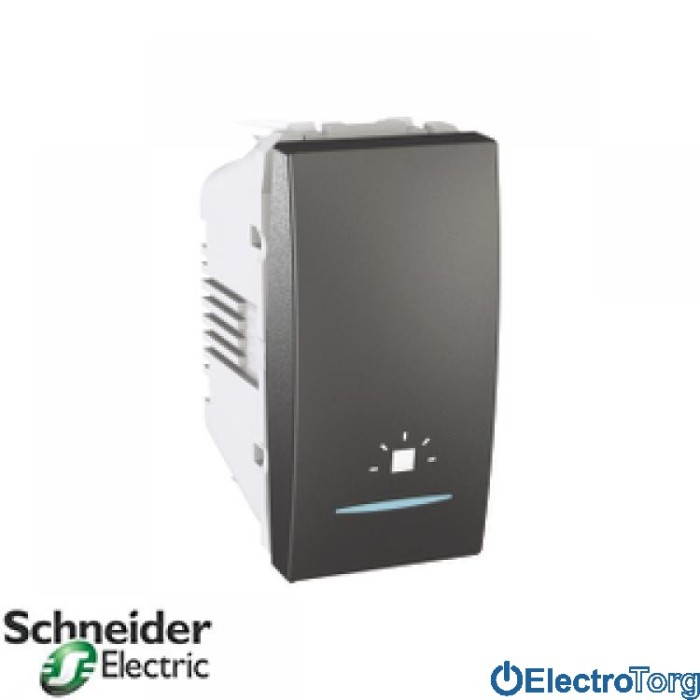 Кнопочный выключатель с символом лампы и подсветкой графитовый Unica Schneider