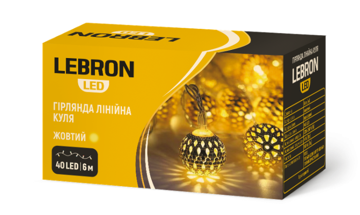 LED гірлянда LEBRON лінійна 6м, куля в метал. 40LED, жовта, IP20