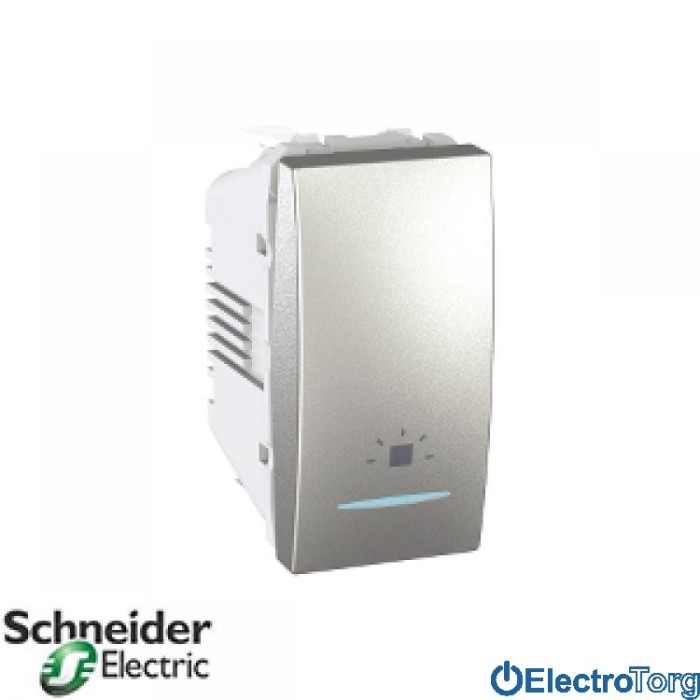 Кнопочный выключатель с символом лампы и подсветкой алюминиевый Unica Schneider