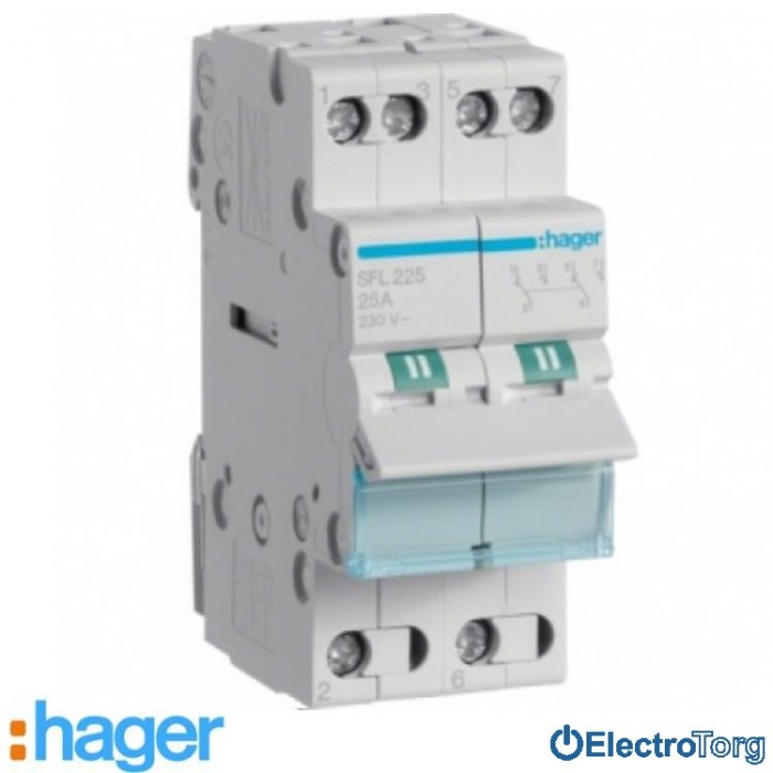 купить купить Переключатель I-II 2 полюса 25А 230W с общим выводом снизу SFL225 Hager  