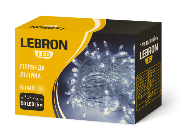 LED гірлянда LEBRON лінійна 5м, 50LED, біла, IP20, прозорий кабель