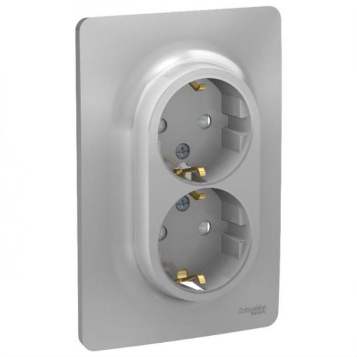 купить купить Розетка двойная с з/к шторки винтовой зажим алюминий Unica New Schneider Electric (Шнайдер Электрик)  
