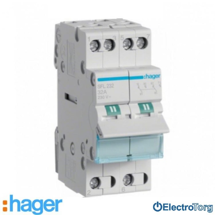 купить купить Переключатель I-II 2 полюса 32А 230W с общим выводом снизу SFL232 Hager  
