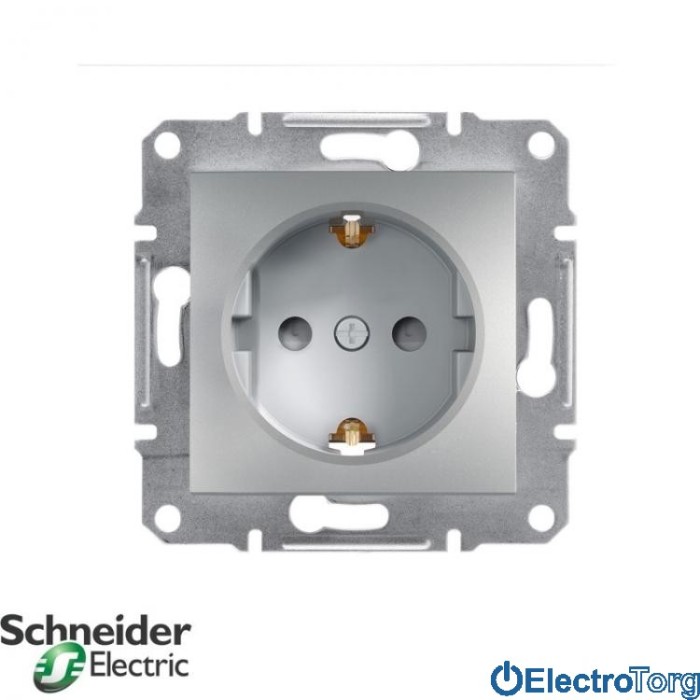 Розетка с заземлением одинарная с защитными шторками алюминий Asfora Schneider Electric (Шнайдер Электрик)