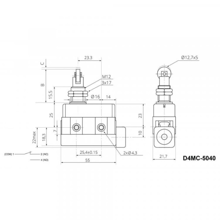 Мікровимикач D4MC-5040, шток з перпендикулярним роликом TAKEL