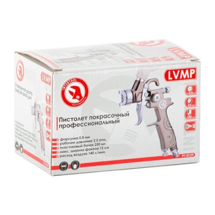 купить купить Краскопульт пневматический LVMP MINI форсунка 0.8мм, верхний пластиковый бачок 250мл., 2-2.5бар INTERTOOL PT-0129  