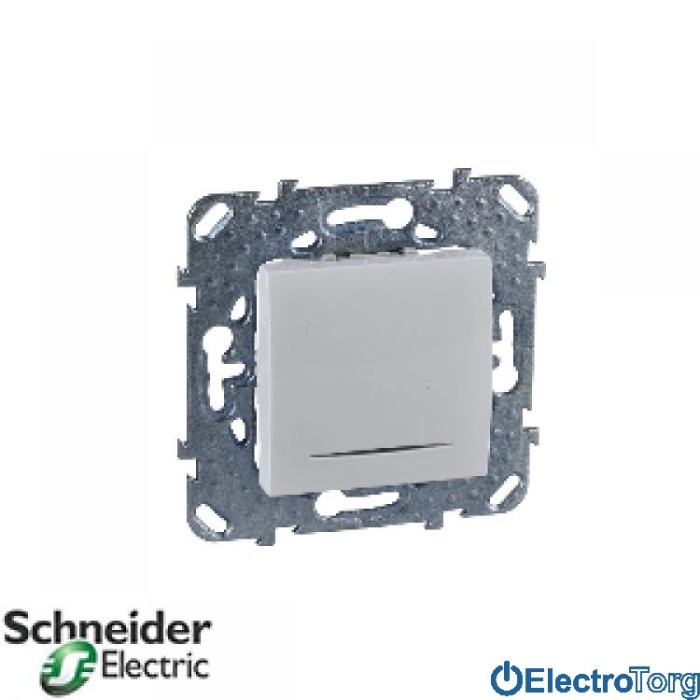 Переключатель (проходной выключатель) 1-клавишный с индикатором 10AX белый с монт. рамкой Unica Schneider