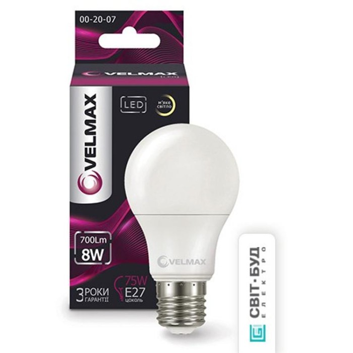 купить купить LED лампа V-A60, 8W, E27, 3000K, 800Lm, угол 240° VELMAX  
