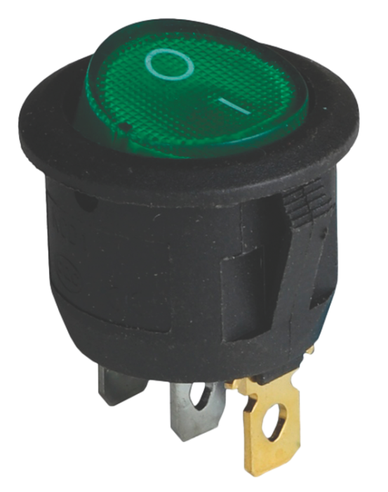 Клавішний перемикач 1 клав. 6А, круглий, 20мм, зелена кнопка, з підсвіткою ON-OFF, 2 контакта