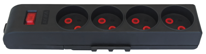 Колодка 4 гнізда б/з, 16А, зі шторками, з вимикачем, чорна, AY-KA (23 411 00)