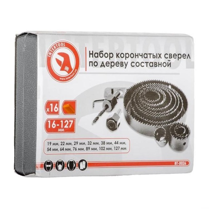 купить купить Набор коронок по дереву (19, 22, 29, 32, 38, 44, 54, 64, 76, 89, 102, 127 мм.) INTERTOOL BT-0026  