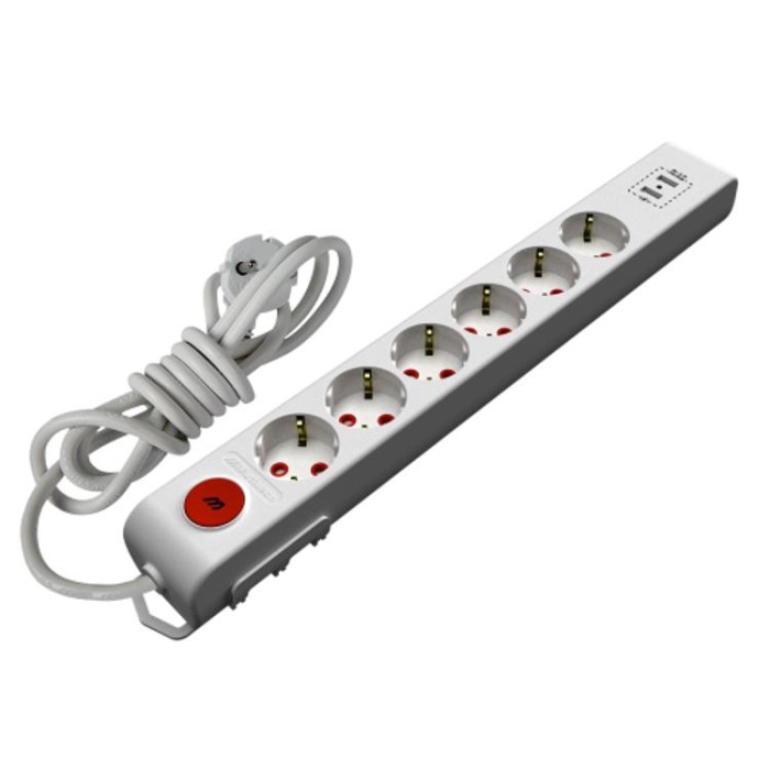 купить купить Подовжувач з/з, 6 гнізд, 2 USB, зі шторками, з вимикачем, 3м, 16А, Ri-tech, Mutlusan  