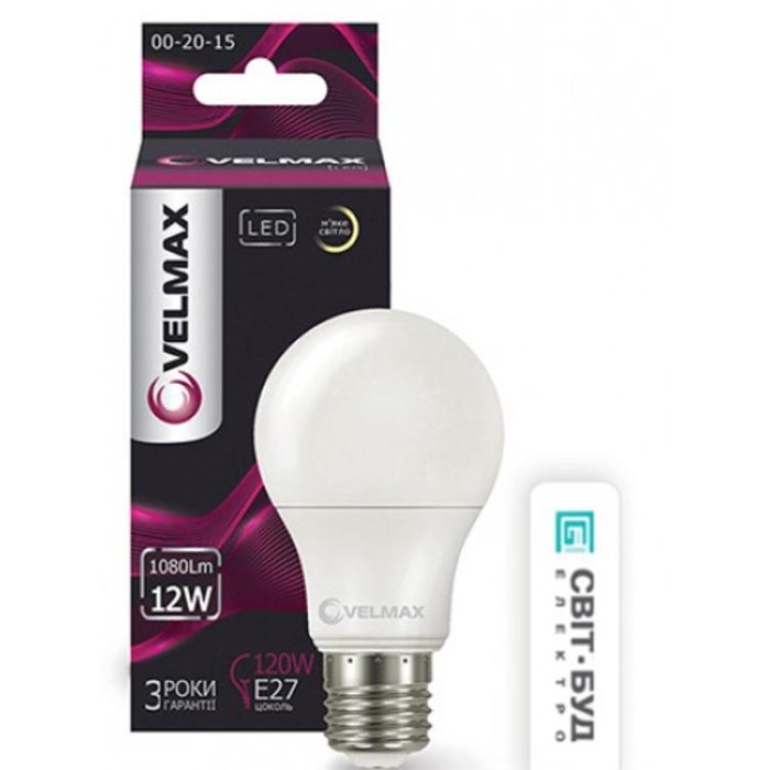 купить купить LED лампа V-A60, 12W, E27, 3000K, 1080Lm, угол 240° Velmax  