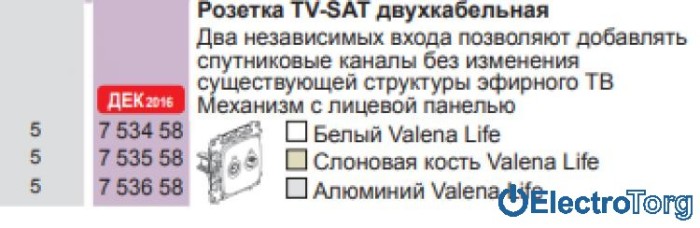 купить купить Розетка телевизионная TV-SAT 2-х кабельная с топологией звезда в сборе Valena LIFE Legrand  