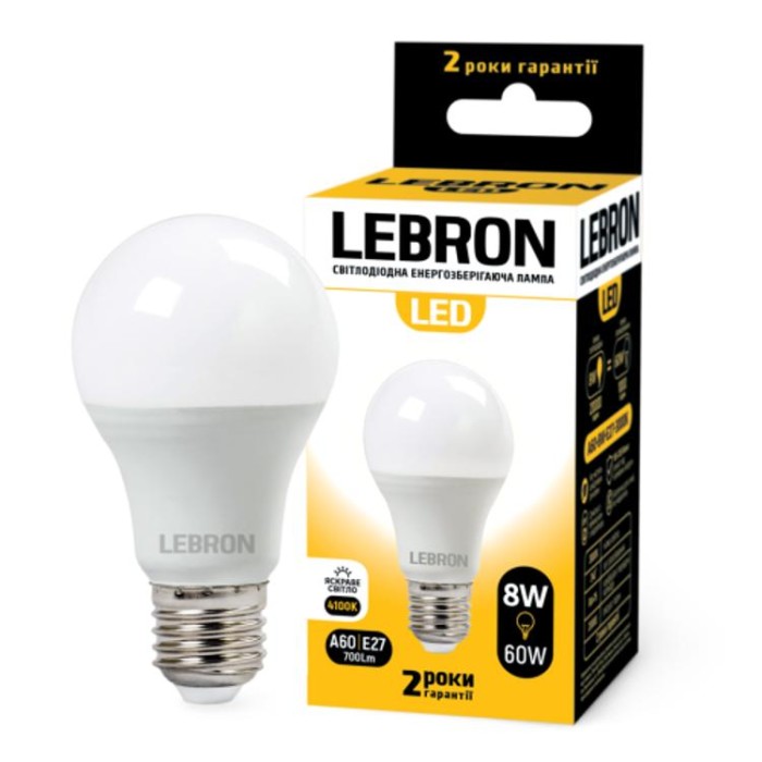 купить купить LED лампа L-A60, 8W, Е27, 4100K, 700Lm, угол 240° Lebron  