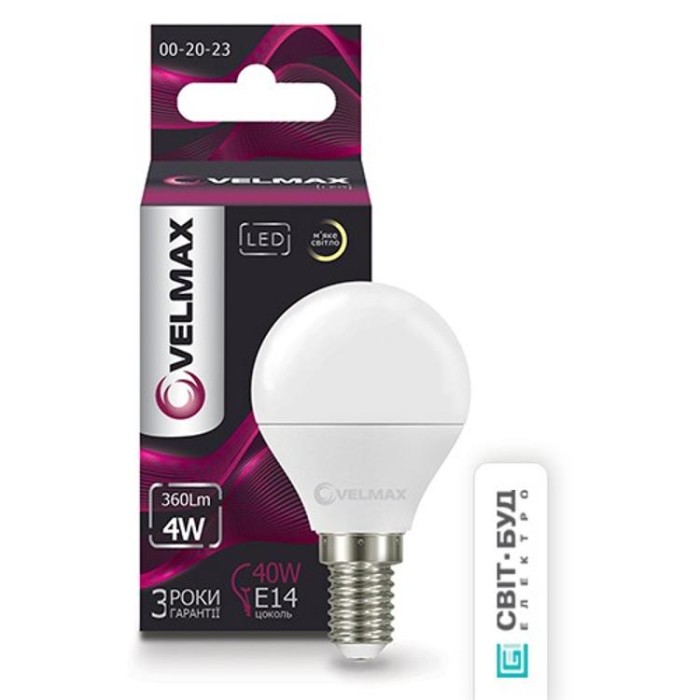 купить купить LED лампа V-G45, 4W, E14, 3000K, 360Lm, угол 220° Velmax  