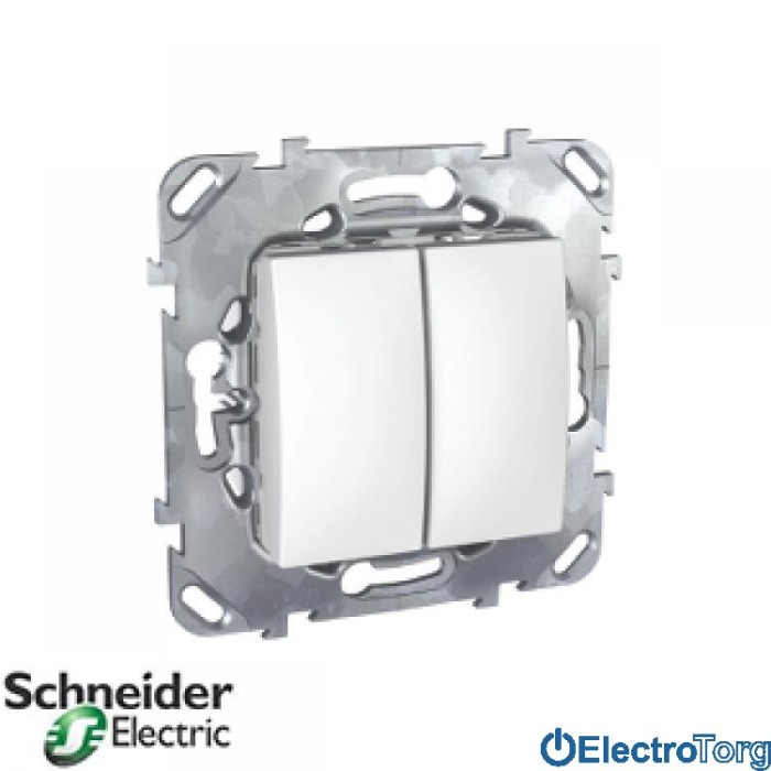 Переключатель (проходной выключатель) 2-клавишный 10AX белый с монт. рамкой Unica Schneider