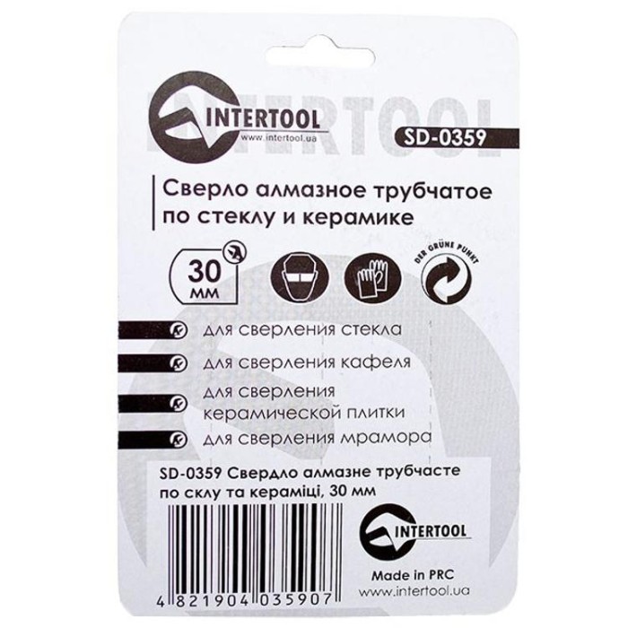 купить купить Сверло алмазное трубчатое по стеклу и керамике 30 мм INTERTOOL SD-0359  