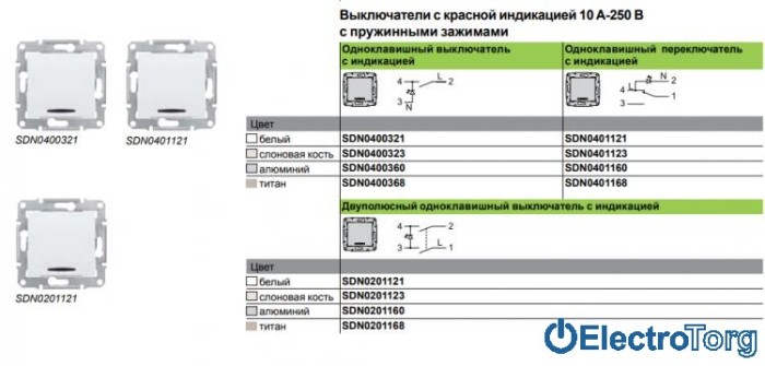 Переключатель (проходной выключатель) 1-клавишный 10AX с индикатором модуль слоновая кость Sedna Schneider Electric (Шнайдер Электрик)