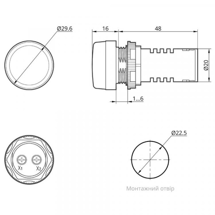 Світлодіодний індикатор AD22D 230v АC/DC ARGENT, зелений TAKEL