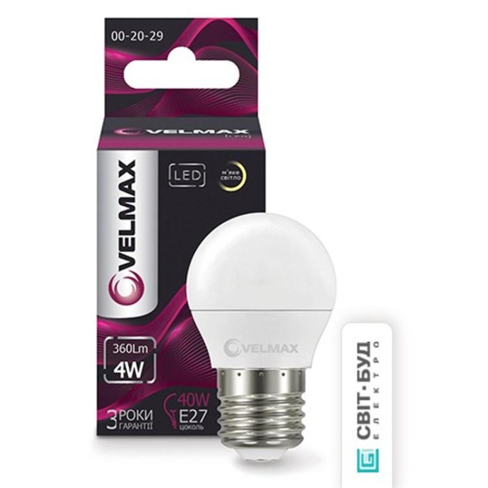 купить купить LED лампа V-G45, 4W, E27, 3000K, 360Lm, угол 220° Velmax  