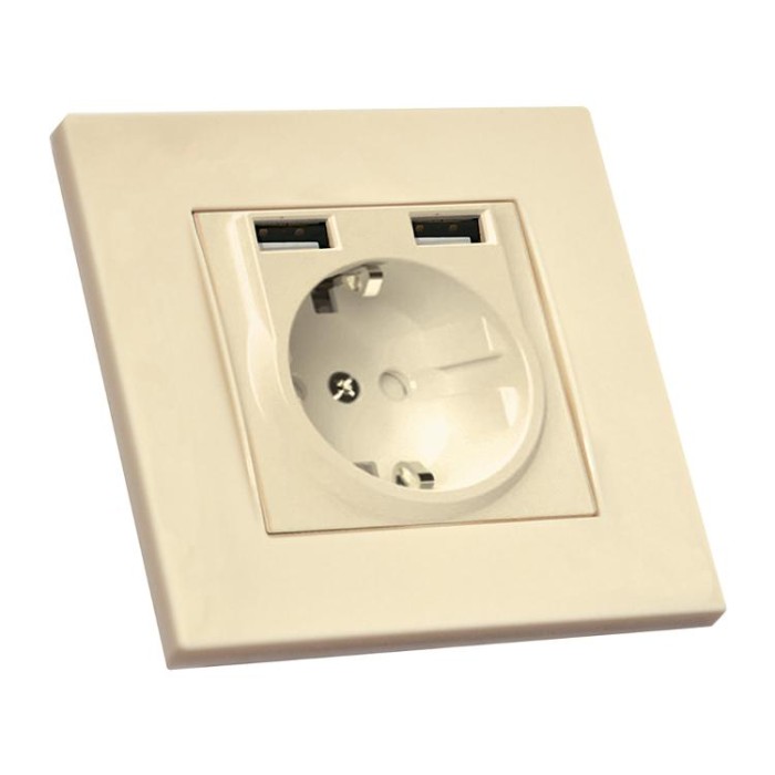 купить купить Розетка с заземлением, 16А, 2 гнезда и USB, 2,4А, со шторками, RITA, Mutlusan, крем, (2220 619 0202)  