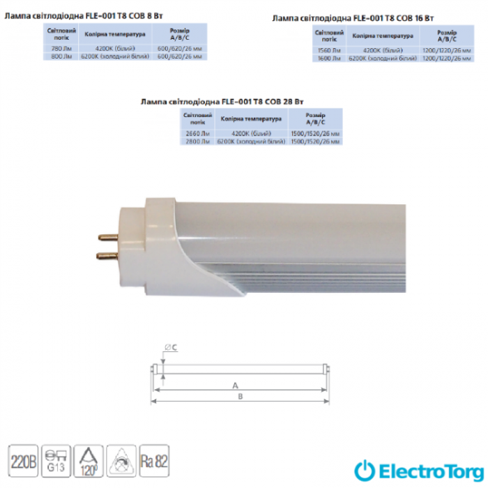 купить купить Лампа светодиодная  FLE-001 T8 COB 28Вт G13 (холодный белый) DELUX  