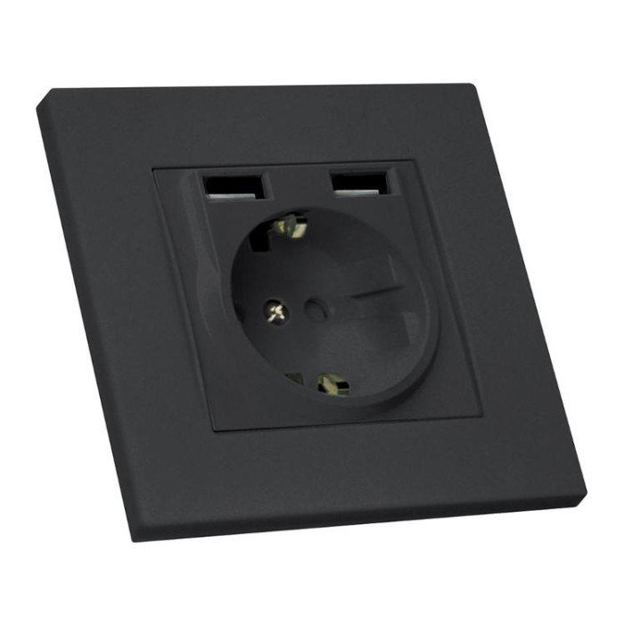 купить купить Розетка с заземлением, 16А, 2 гнезда и USB, 2,4А, со шторками, RITA, Mutlusan, черный, (2220 619 0284)  