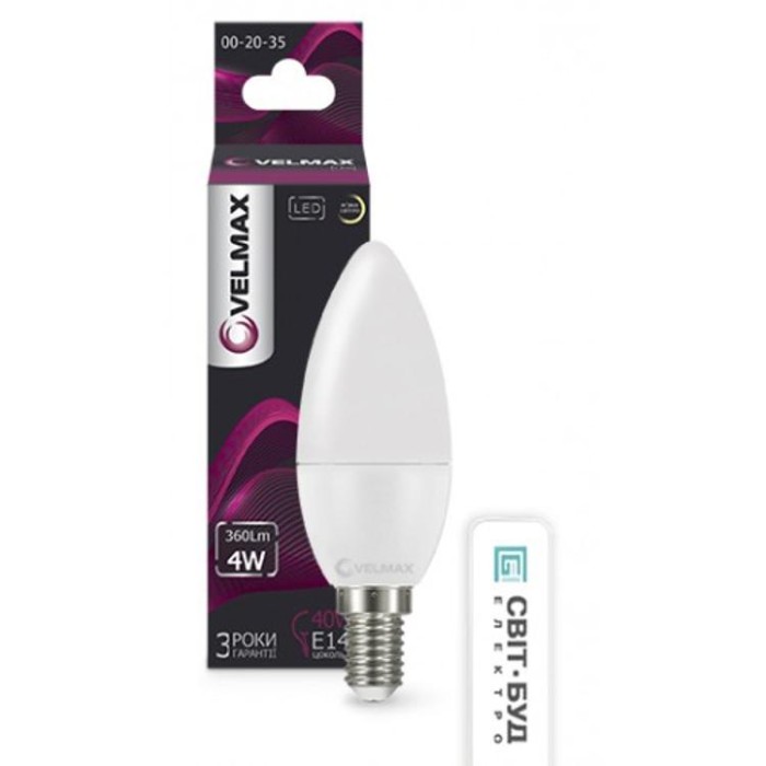купить купить LED лампа V-C37, 4W, E14, 3000K, 360Lm, угол 260° Velmax  