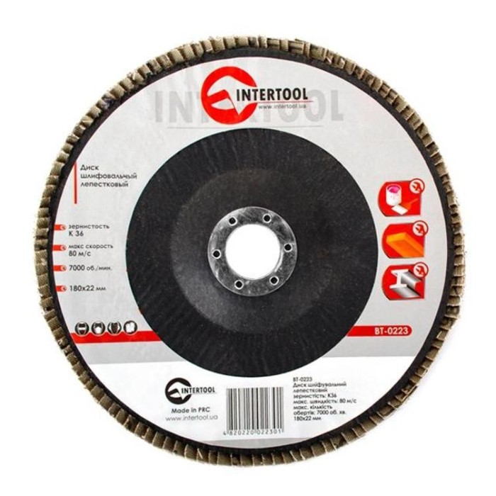 купить купить Диск шлифовальный лепестковый 180x22 мм, зерно K36 INTERTOOL BT-0223  