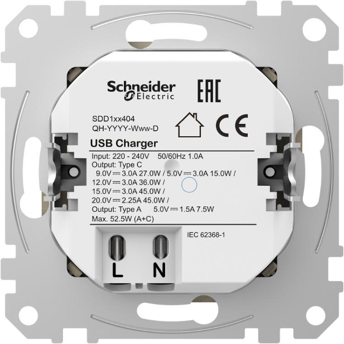 Подвійна USB розетка A+C, 3 A, 45 Вт, Білий Sedna Design Schneider Electric
