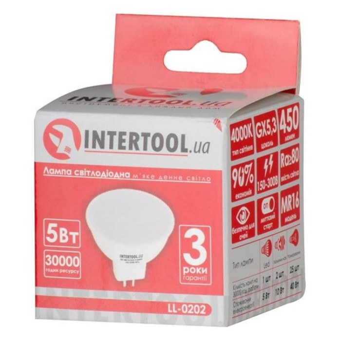 купить купить Светодиодная лампа LED 5Вт, GU5.3, 5Вт, 220В, INTERTOOL LL-0202  