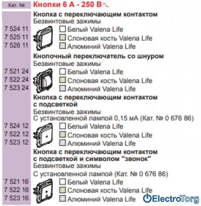 купить купить Механизм выключателя кнопочного 6AX с подсветкой слоновая кость Valena LIFE Legrand  