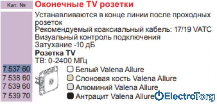 купить купить Механизм розетки телевизионной TV с топологией шлейф оконечный белый Valena ALLURE Legrand  