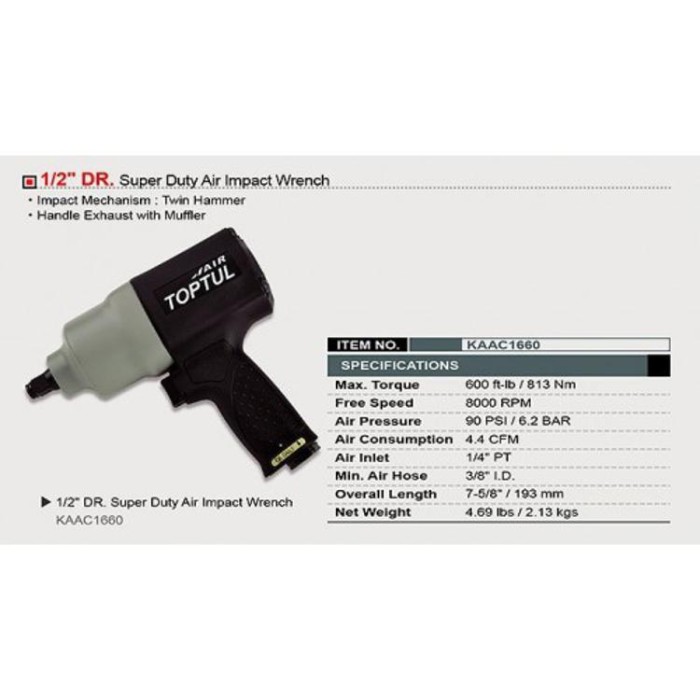 купить купить Гайковерт для автосервиса TOPTUL 1/2&quot; 813N/m  8000об/мин KAAC1660  