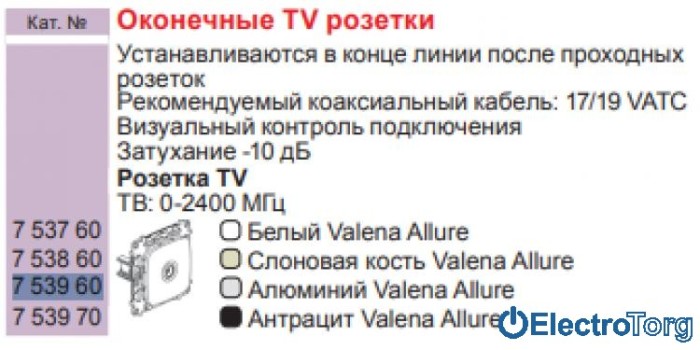 купить купить Механизм розетки телевизионной TV с топологией шлейф оконечный алюминиевый Valena ALLURE Legrand  