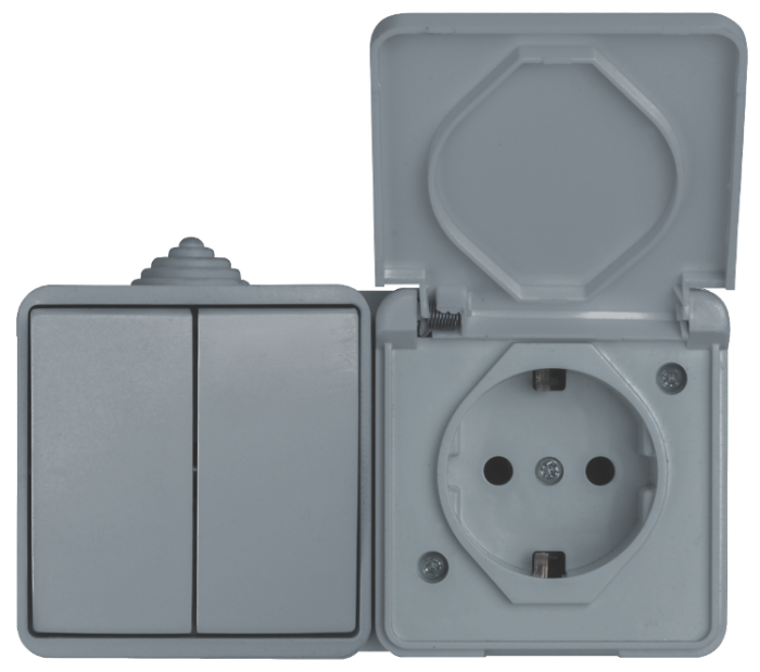 Блок: вимикач 2 кл, розетка з/з, 10А-16А, MARSO &amp;quot;Aqua&amp;quot;, IP 44, з кришкою, сірий