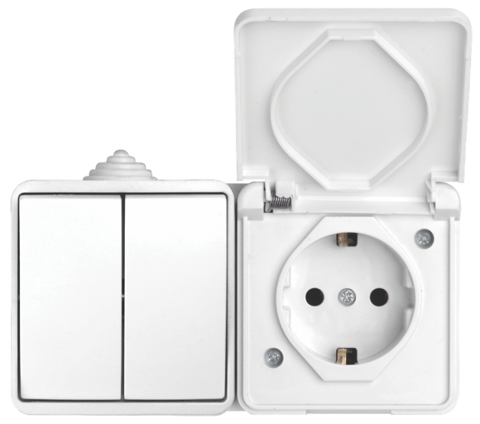 Блок: вимикач 2 кл, розетка з/з, 10А-16А, MARSO &amp;quot;Aqua&amp;quot;, IP 44, з кришкою, білий